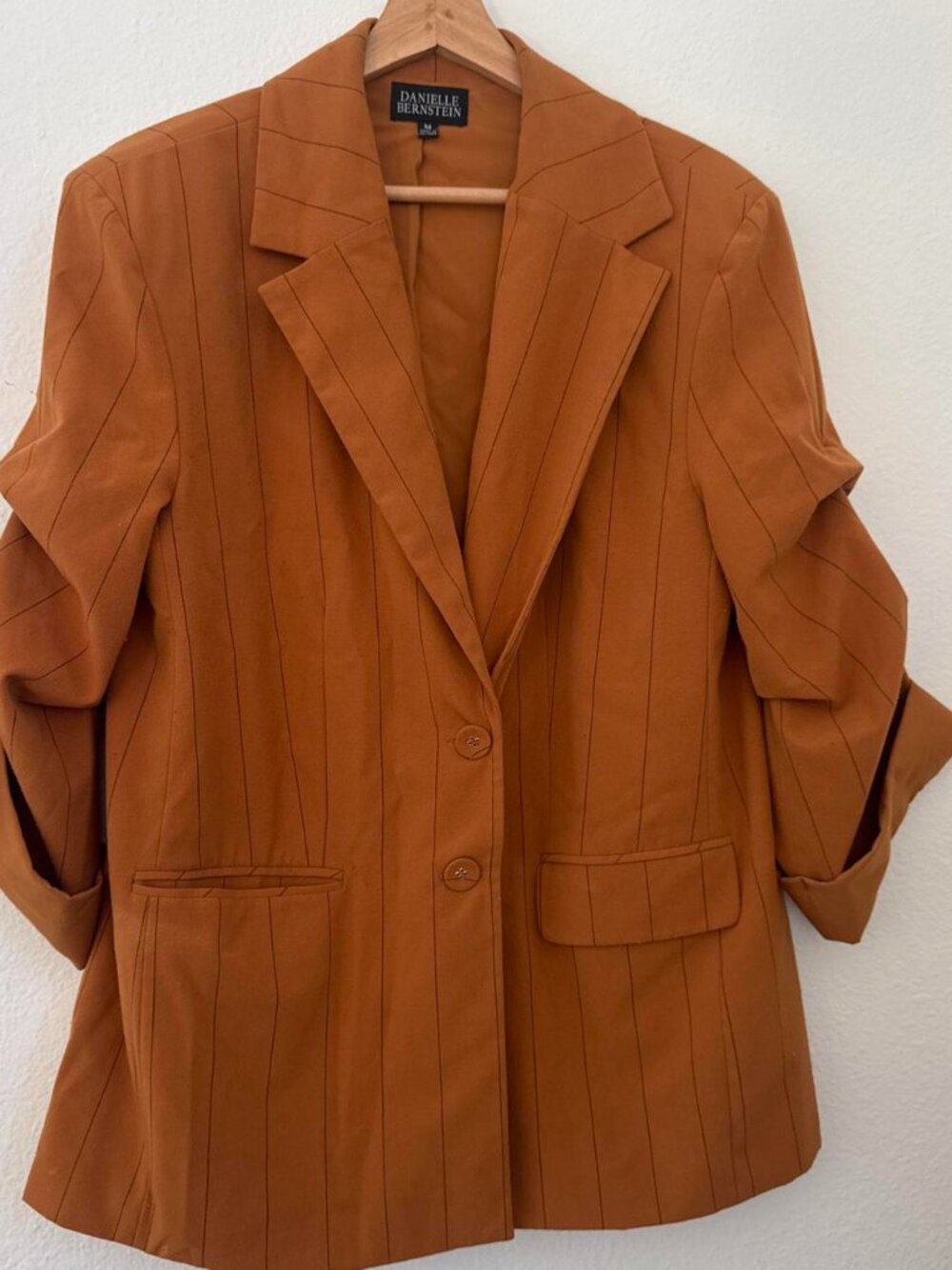 Danielle Bernstein Orange brown pinstripe blazer with ruffle sleeves, size M